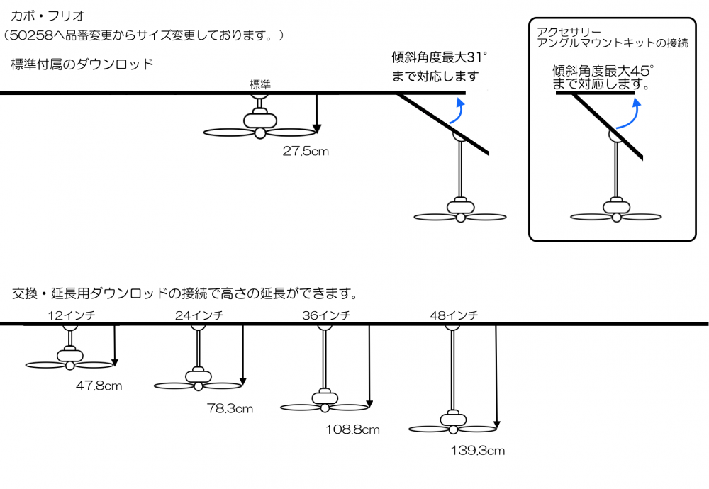 カボフリオ　ハンターシーリングファン　ダウンロッド接続時サイズ表