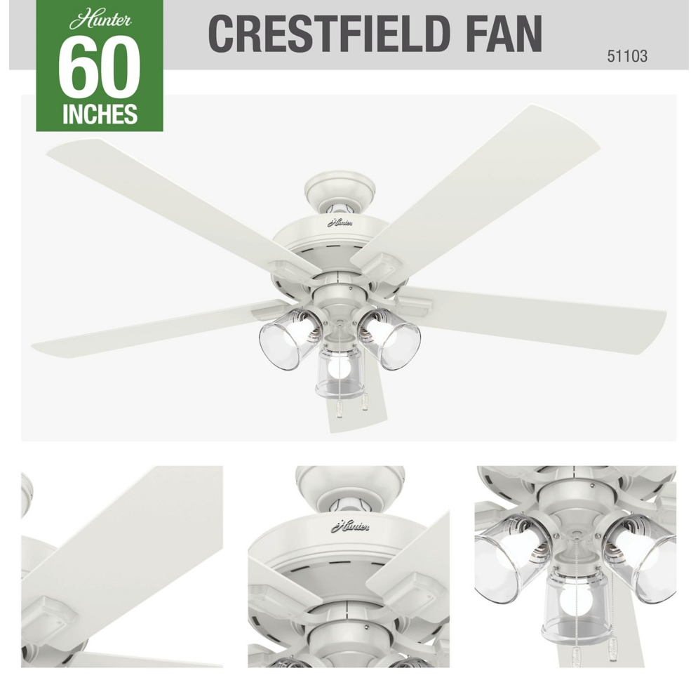 51103　クレストフィールド　60インチ　フレッシュホワイト　ハンターシーリングファン　ライト　画像　　Crestfield with 3 LED Lights 60 inch　