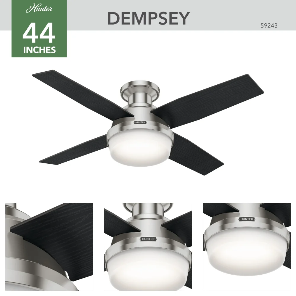 デンプシー　44インチ　　ロープロフィール　　ブラシドニッケル　dempsey　ハンターシーリングファン　ライト　画像　　ハンターストア
