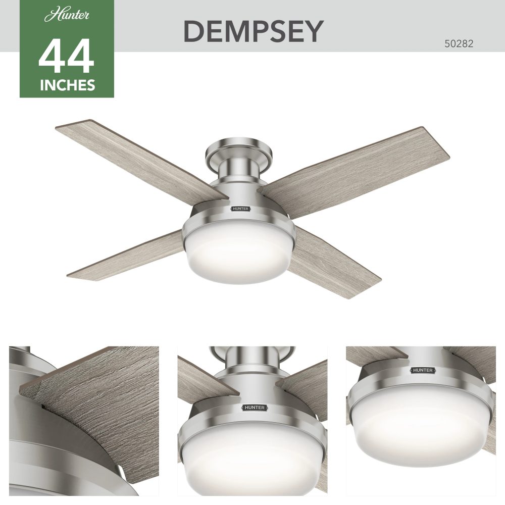 50282デンプシー　44インチ　　ロープロフィール　　ブラシドニッケル　dempsey　ハンターシーリングファン　ライト　画像　　ハンターストア