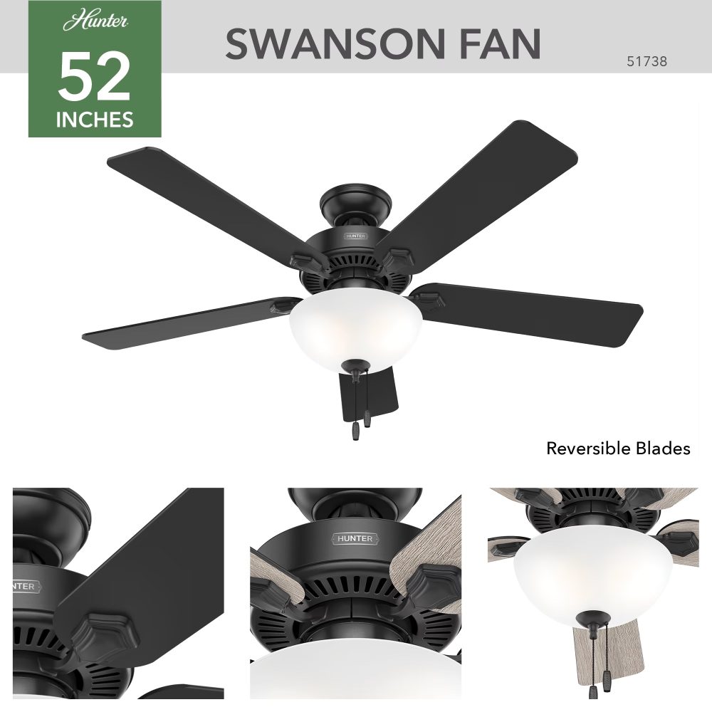 スワソン　Swanson LED ボウル 52 インチ 　マットブラックハンターシーリングファン画像　ハンターストア