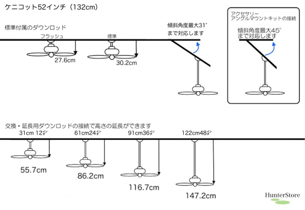 ケニコット52インチ　ハンターシーリングファン　ダウンロッド接続時各サイズ